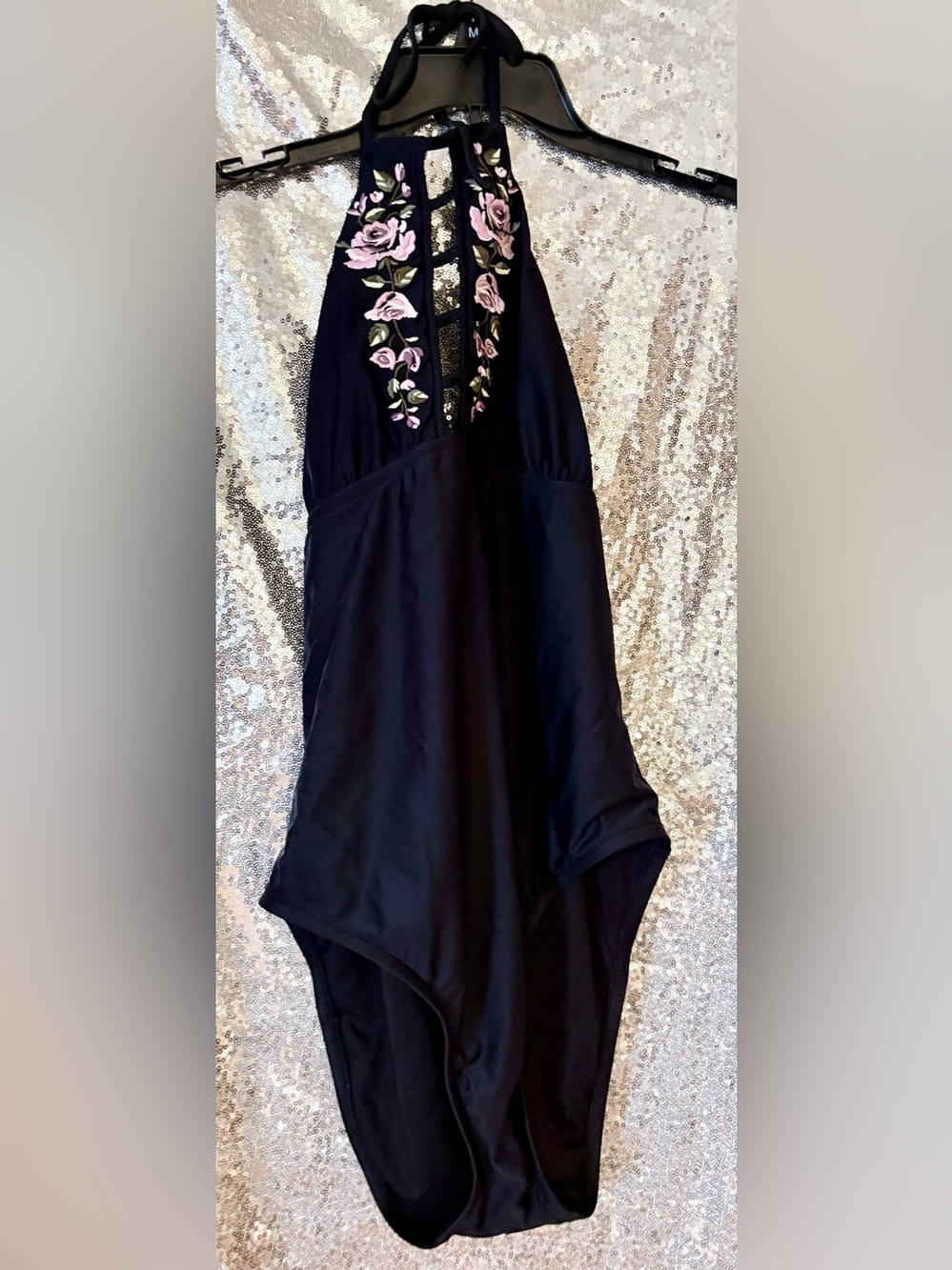 Mossimo Supply Co. Black Halter One-Piece with Pink Floral Embroidery